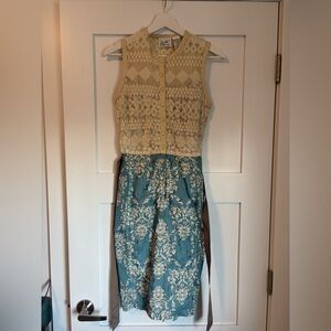 Byron Lars Dress 2 Beguile Laser Cut Lace Smocked Aqua Cream Dress